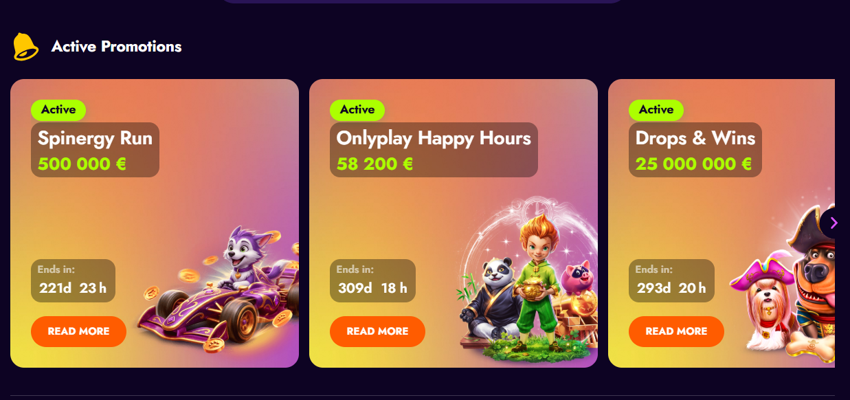 Irwin Casino active promotions — Spinergy Run 500,000 EUR, Onlyplay Happy Hours 58,200 EUR, Drops and Wins 25,000,000 EUR