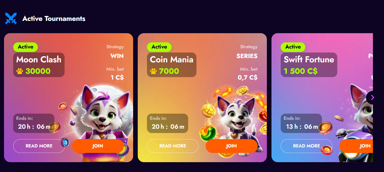 Casino active tournaments — Moon Clash 30,000 points, Coin Mania 7,000 points, Swift Fortune 1,500 C$