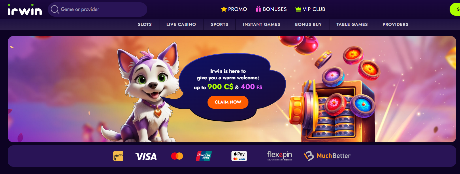 Irwin Casino hero banner — welcome offer up to 900 C$ and 400 free spins, Claim Now button, Interac, Visa, Mastercard, Bitcoin accepted