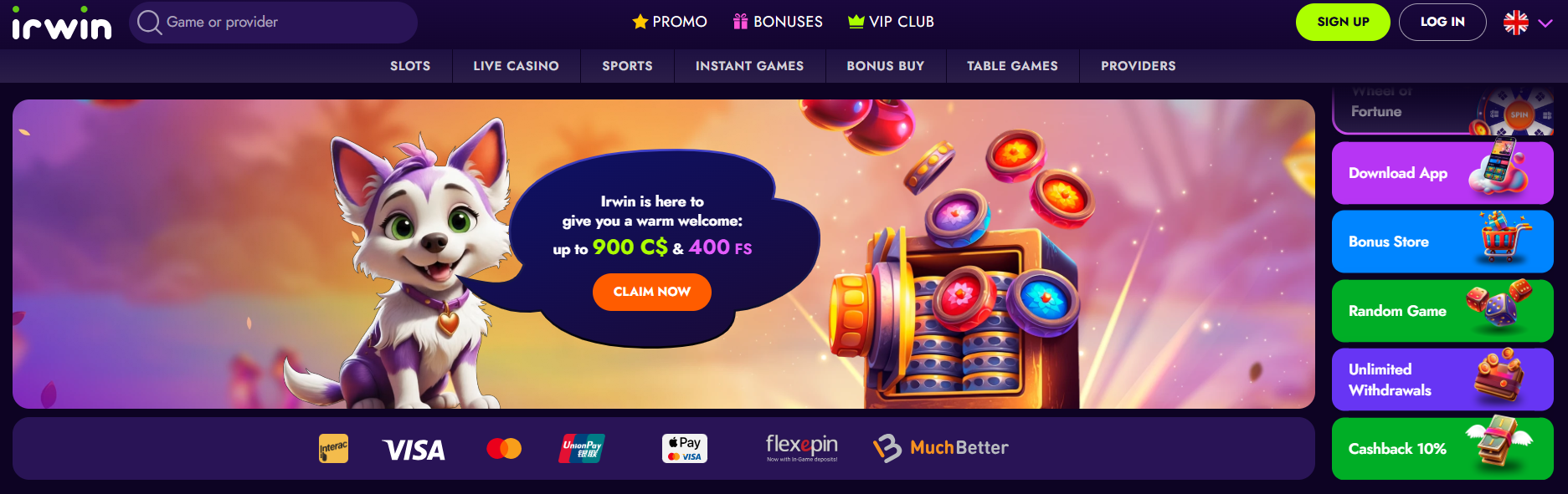 Irwin Casino homepage — welcome bonus up to 900 C$ and 400 free spins, navigation menu, payment methods strip