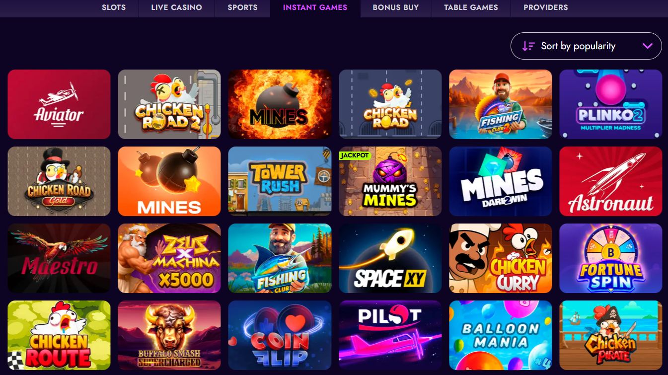 Irwin Casino instant games — Aviator, Chicken Road 2, Mines, Fishing Club 2, Plinko 2, Tower Rush, Mummy's Mines, Astronaut, Space XY, Balloon Mania