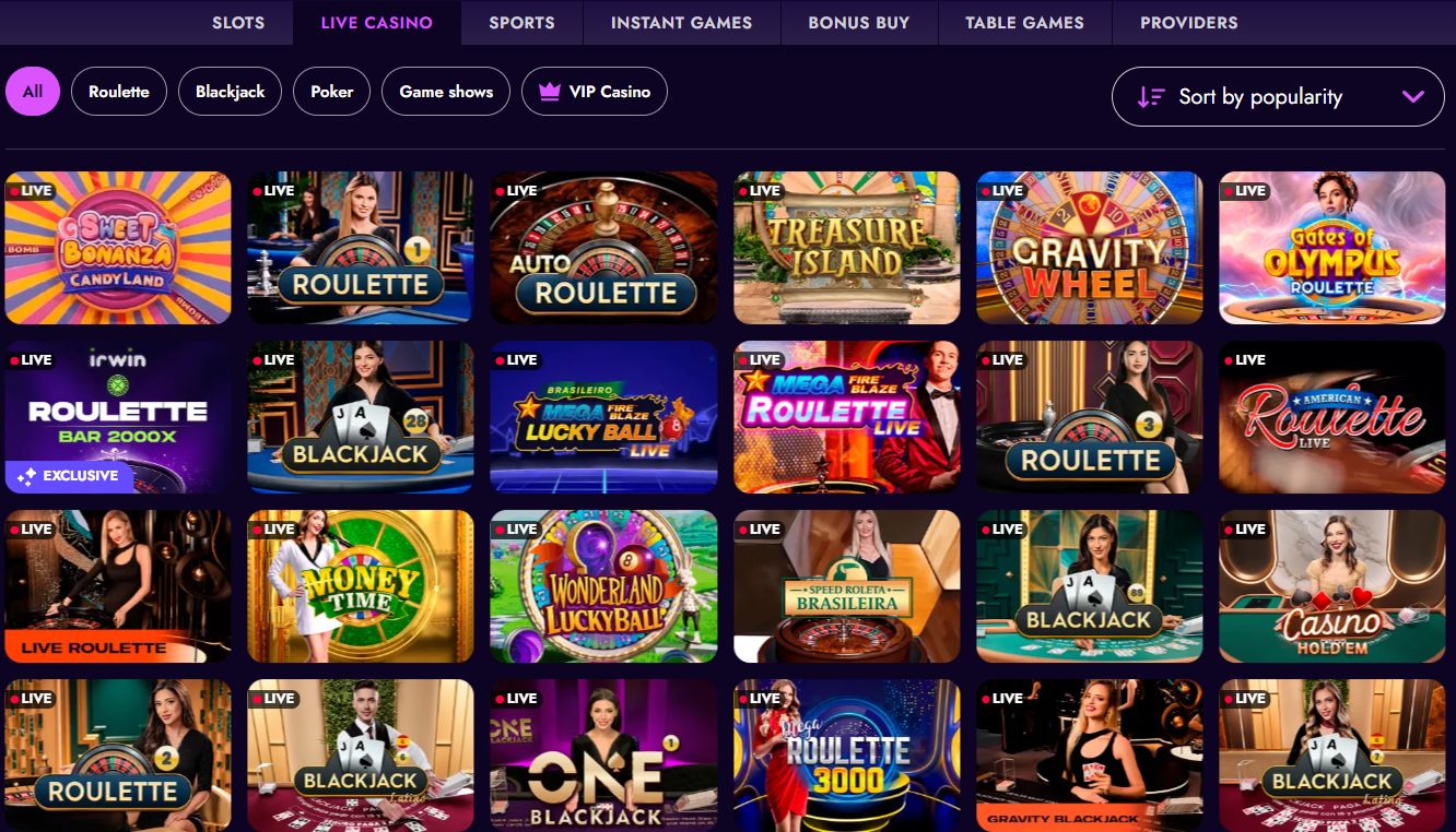 Casino live casino — Roulette, Auto Roulette, Sweet Bonanza CandyLand, Treasure Island, Gravity Wheel, Gates of Olympus Roulette, Blackjack, Money Time