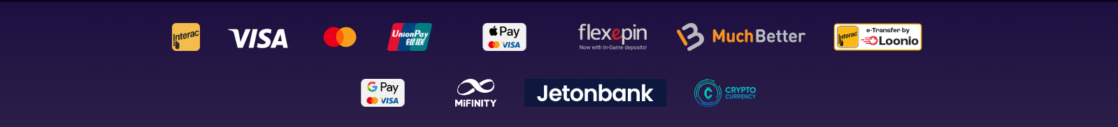 Irwin Casino payment methods — Interac, Visa, Mastercard, UnionPay, Apple Pay, Flexepin, MuchBetter, Loonio, Google Pay, MiFinity, Jetonbank, Cryptocurrency