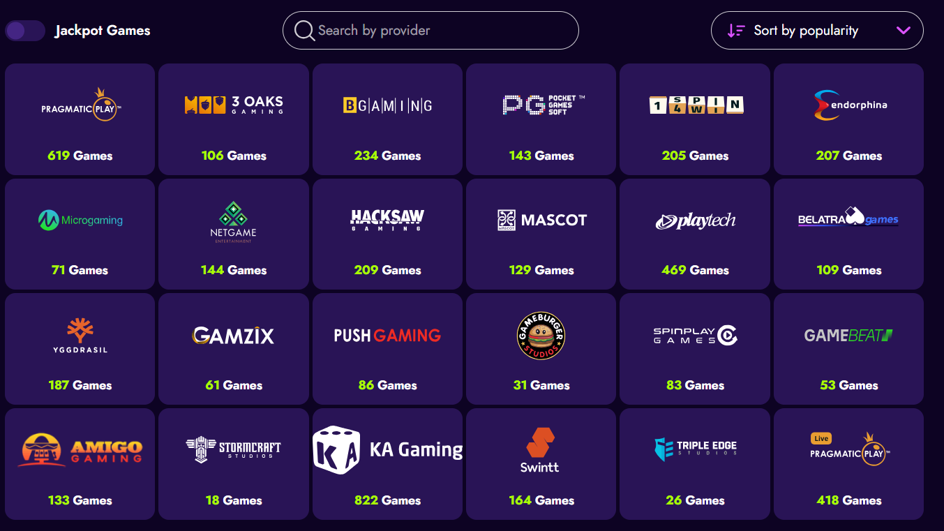 Irwin Casino game providers — Pragmatic Play 619 games, BGaming 234, Playtech 469, KA Gaming 822, Yggdrasil, Hacksaw Gaming, Push Gaming, Microgaming