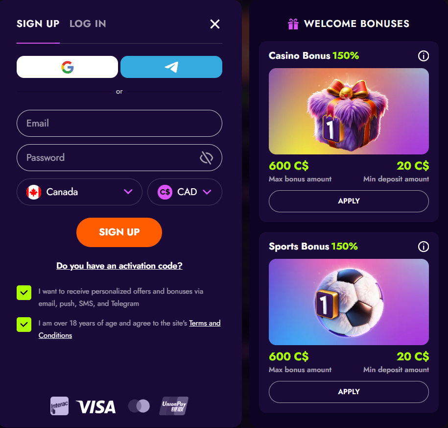 Irwin Casino sign-up modal — email and password registration, Casino Bonus 150% up to 600 C$ and Sports Bonus 150% welcome offers