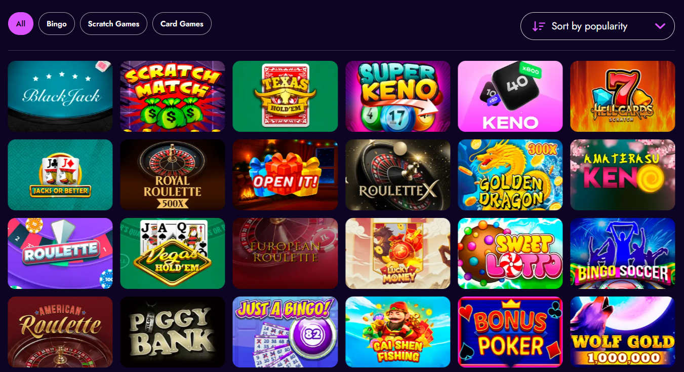 Irwin Casino table games — Blackjack, Scratch Match, Texas Hold'em, Super Keno, Royal Roulette 500x, Roulette X, Vegas Hold'em, Wolf Gold 1,000,000