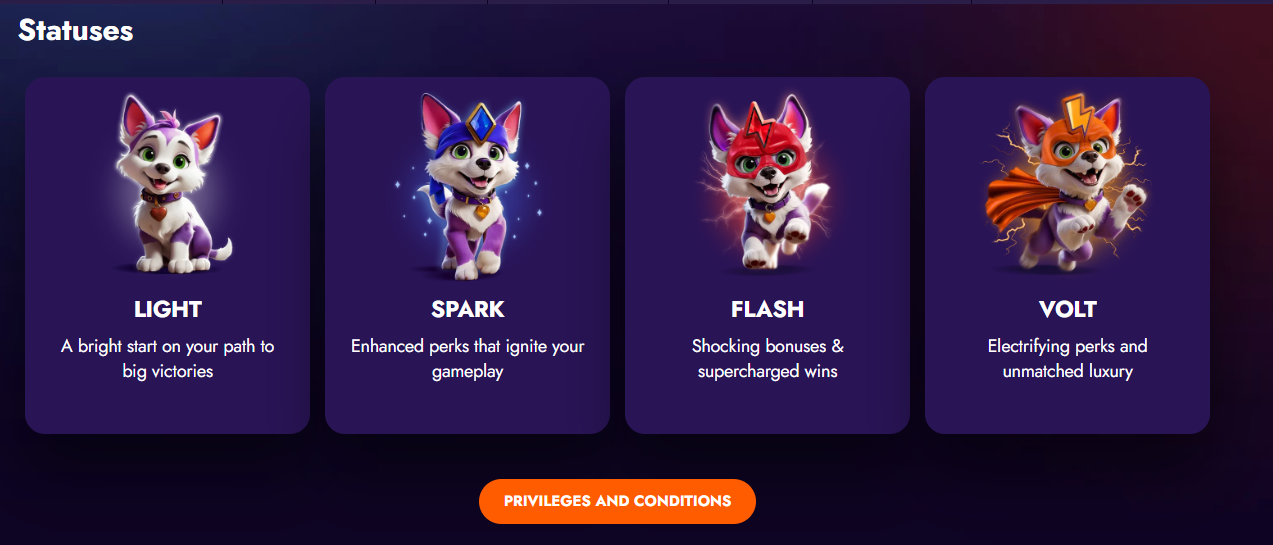 Irwin Casino VIP statuses — Light, Spark, Flash, Volt tiers with increasing perks and bonuses